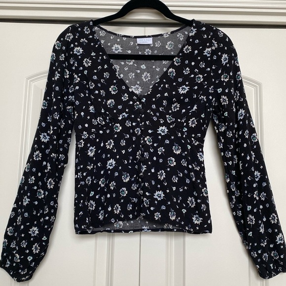 ABOUND Babydoll blouse Womens XXS ditzy floral 90’s Y2K blue/White button down - Picture 1 of 10